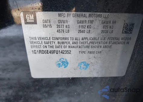 2015 Chevrolet Volt из США, поврежденный, VIN 1G1RD6E49FU142352